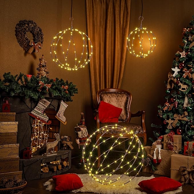 Light Ball Yard Decoration Pathway Lights Sphere Light, Pack of 3 (12'' 16'' 20''), Fold Flat Metal Frame Indoor Outdoor Waterproof Garden Lights, Plug in(Set of 3) image 10