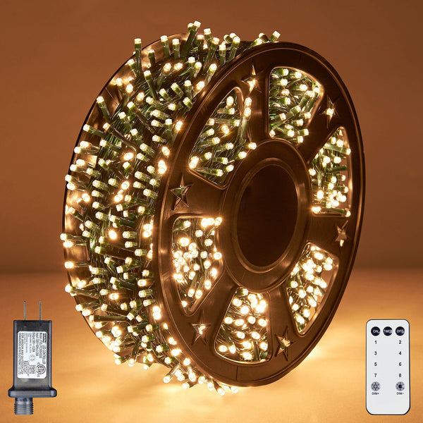 1000-LED Christmas String Lights, Green Cord, Warm White, 8 Modes with Timer Remote, Indoor/Outdoor