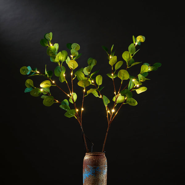 30IN Lighted Eucalyptus Twigs, Dark Green Leaves with 38 Warm White LEDs, Elegant Home Decoration & Gift Idea
