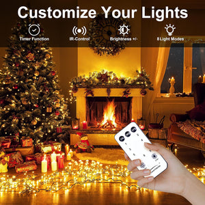 108ft 300LED Christmas Lights Connectable with 8 Modes & Timer Remote, Clear Wire, Warm White