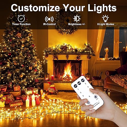 250ft 750LED Christmas Lights with Ring Connector, 8 Modes&Timer Remote, Clear Wire, Warm White