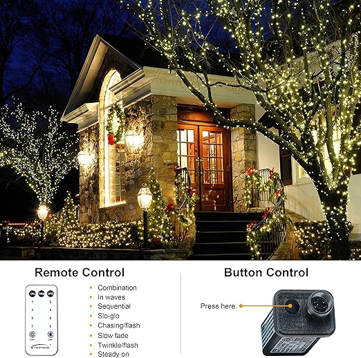 108ft 300LED Christmas Lights Connectable with 8 Modes & Timer Remote, Clear Wire, Warm White