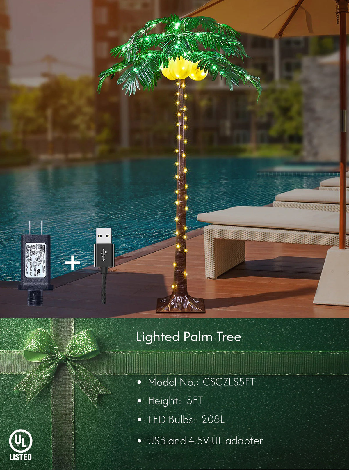 5FT Lighted Palm Tree with 208 Warm White LEDs & 3 LED Coconuts, Indoor/Outdoor Tropical Decoration image 9
