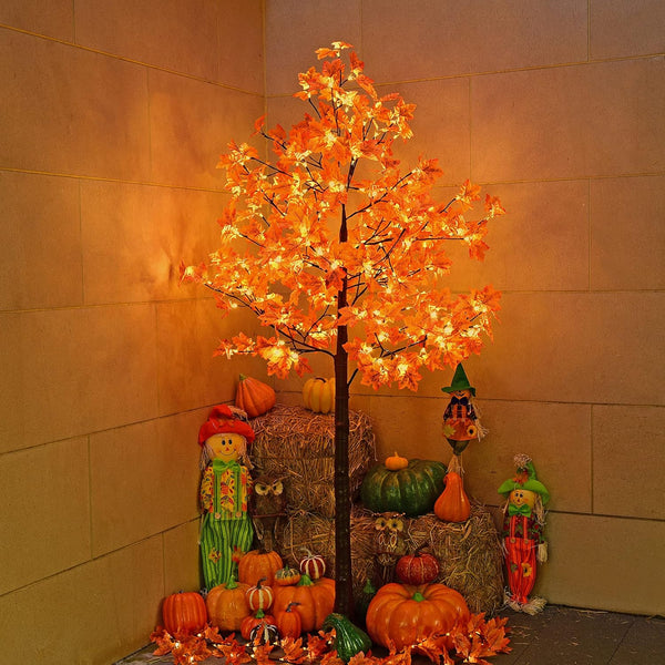 7FT Fall Maple Tree (Red Leaves), 208 Warm White LEDs, Indoor/Outdoor Autumn Decoration