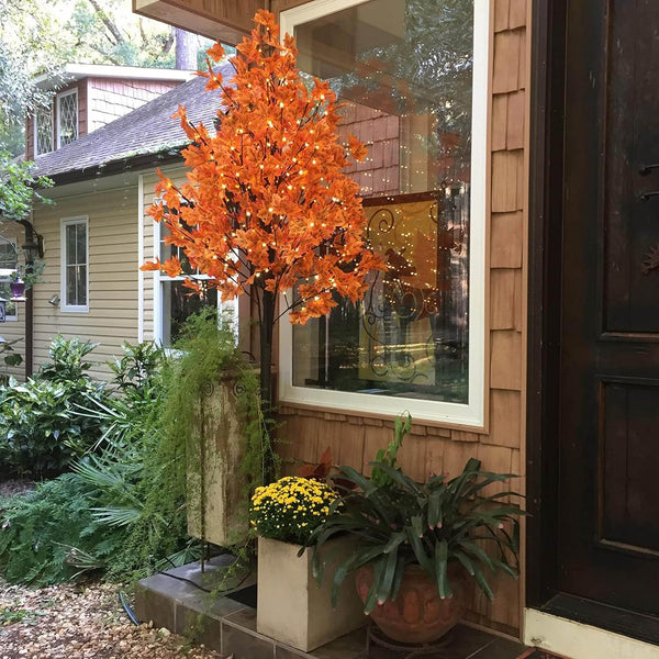 8FT Fall Maple Tree (Red Leaves), 264 Warm White LEDs, Indoor/Outdoor Autumn Decoration