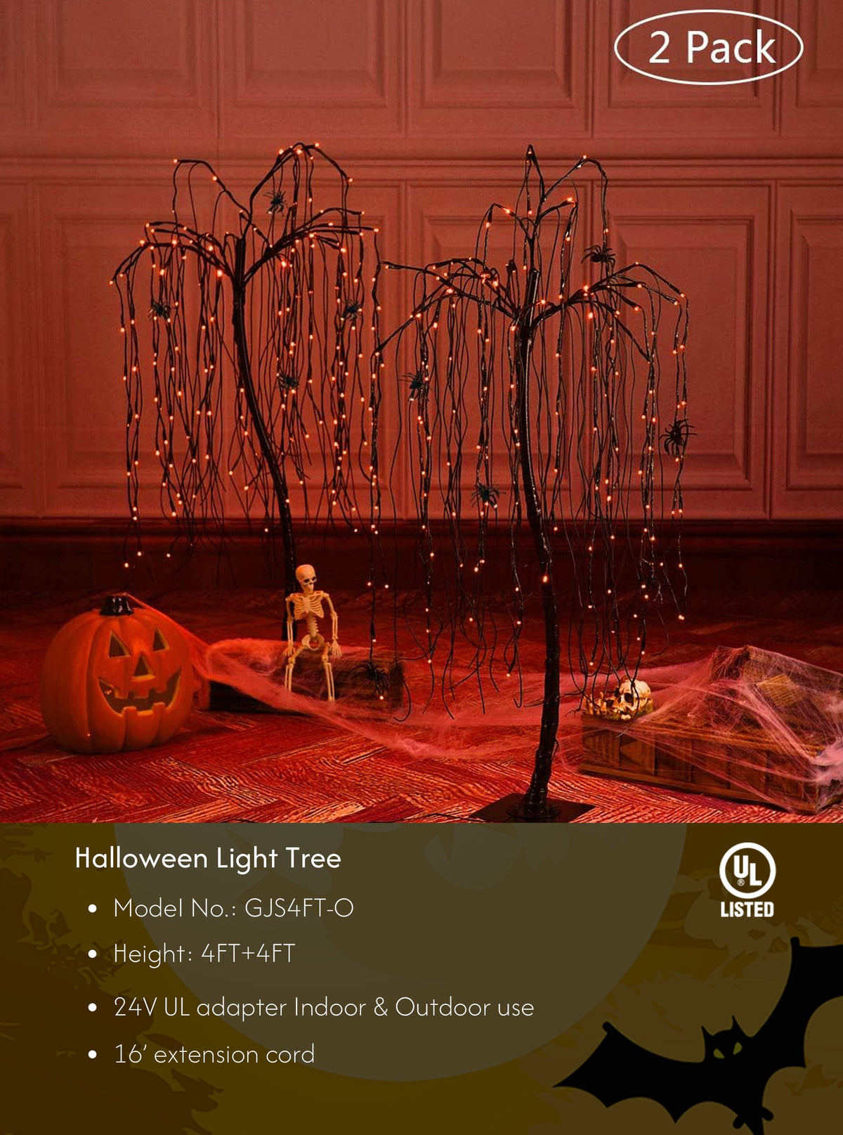 4FT Spooky Halloween Willow Tree 2-Pack with 160 Orange & Purple Mixed LEDs Each & Black Spiders, Indoor/Outdoor Decoration image 2