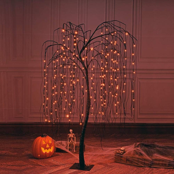7FT Spooky Halloween Willow Tree with 256 Orange LEDs & Black Spiders, Indoor/Outdoor Decoration