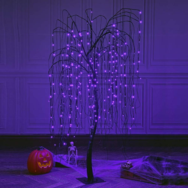 7FT Spooky Halloween Willow Tree with 256 Purple LEDs & Black Spiders, Indoor/Outdoor Decoration