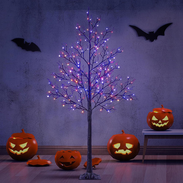 6FT Black Glitter Halloween Willow Tree with 200 Orange & Purple Mixed LEDs, Indoor/Outdoor Decoration