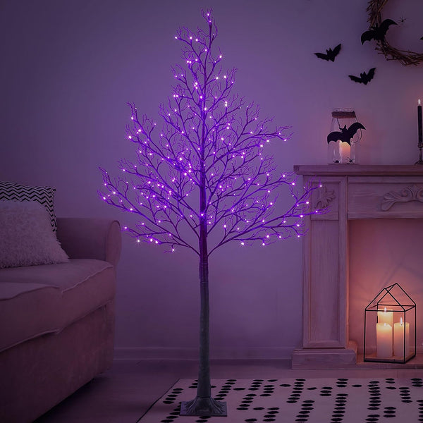 6FT Black Glitter Halloween Willow Tree with 200 Purple LEDs, Indoor/Outdoor Decoration