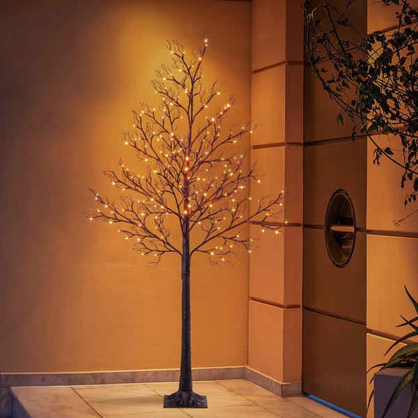 6FT Black Glitter Halloween Willow Tree with 200 Orange LEDs, Indoor/Outdoor Decoration