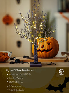24IN Lighted Willow Tree Bonsai 70 Mini LED Lights Artificial Birch Tree for Home, Festival, Nativity, Party, and Christmas Decoration, Plug in or Battery (Black/White) image 1