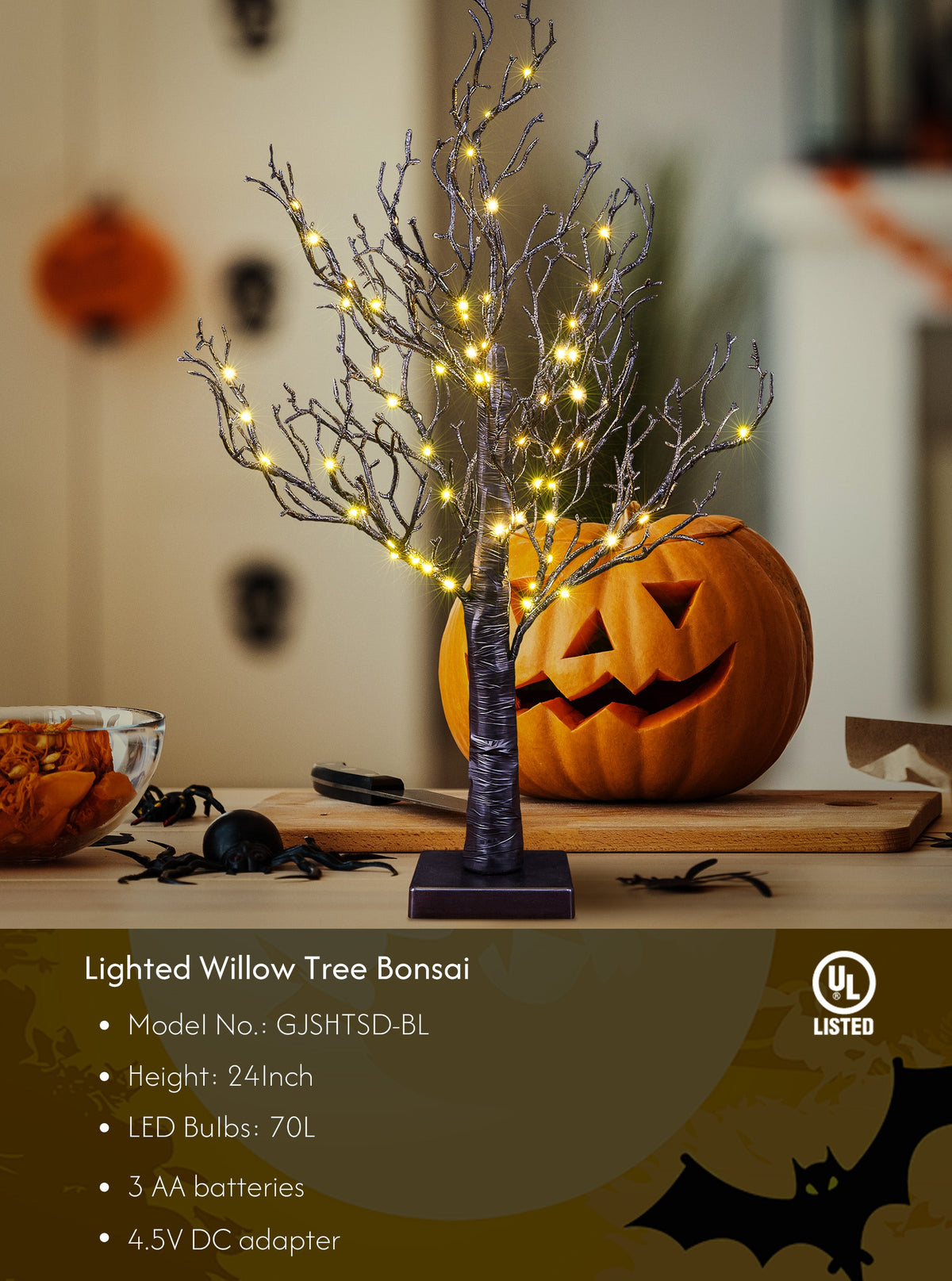 24IN Lighted Willow Tree Bonsai 70 Mini LED Lights Artificial Birch Tree for Home, Festival, Nativity, Party, and Christmas Decoration, Plug in or Battery (Black/White) image 1