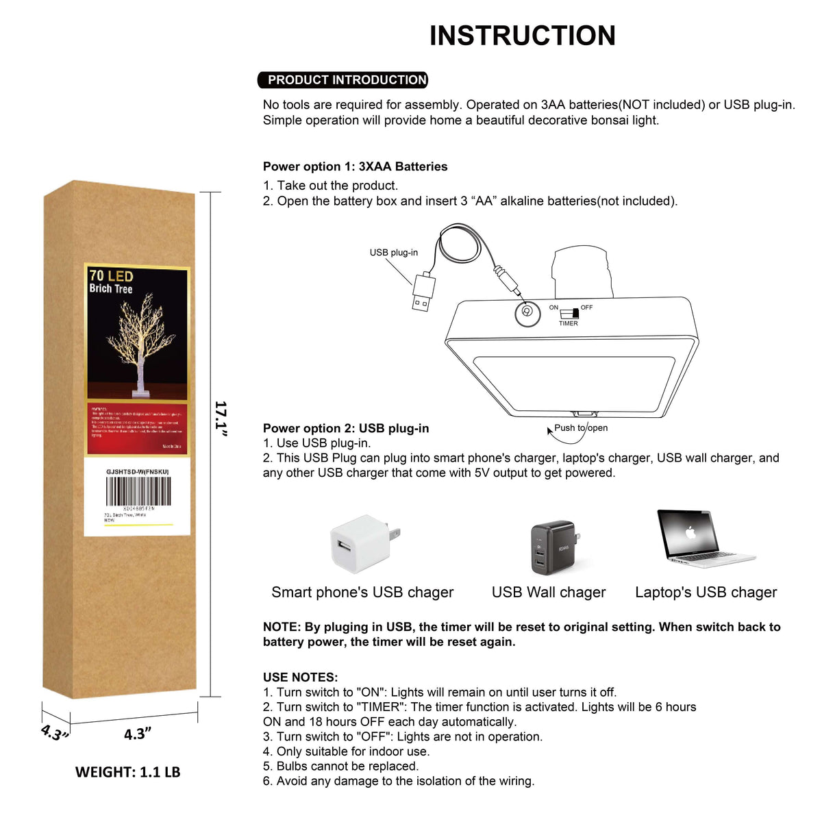 24IN Lighted Willow Tree Bonsai 70 Mini LED Lights Artificial Birch Tree for Home, Festival, Nativity, Party, and Christmas Decoration, Plug in or Battery (Black/White) image 9
