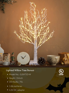 24IN Lighted Willow Tree Bonsai 70 Mini LED Lights Artificial Birch Tree for Home, Festival, Nativity, Party, and Christmas Decoration, Plug in or Battery (Black/White) image 1