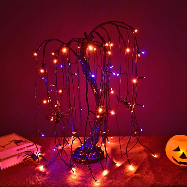24IN Halloween Spooky Bonsai Tree with 80 Orange & Purple Mixed LEDs & Black Spiders, Indoor/Outdoor Decoration