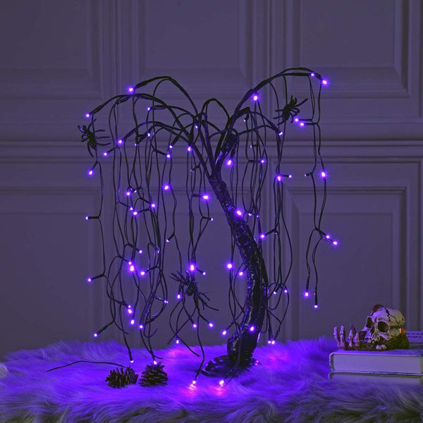 24IN Halloween Spooky Bonsai Tree with 80 Purple LEDs & Black Spiders, Indoor/Outdoor Decoration