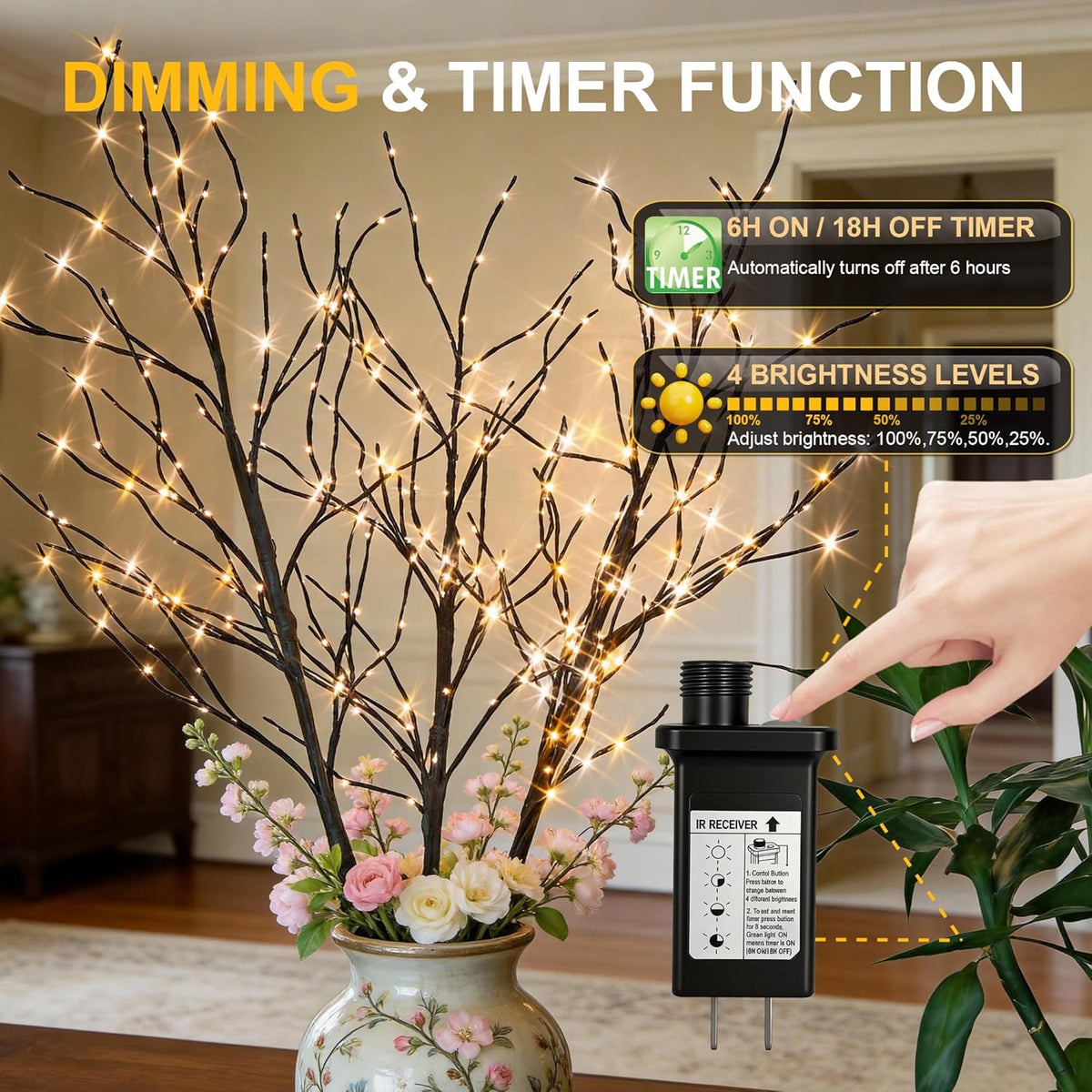 41IN Brown Finish Lighted Birch Twigs with Warm White LEDs image 3