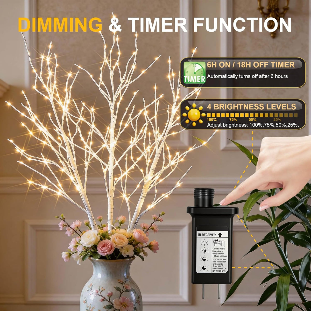 41IN White Finish Lighted Birch Twigs with Warm White LEDs image 4