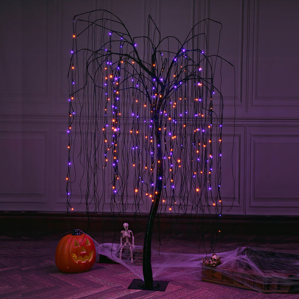 7FT Spooky Halloween Willow Tree with 256 Orange & Purple Mixed LEDs & Black Spiders, Indoor/Outdoor Decoration