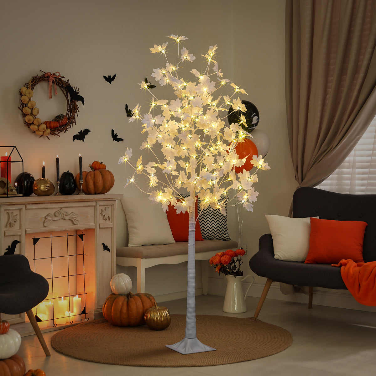 Maple Tree Harvest Décor, White Leaves, Warm White and Cold White Lights