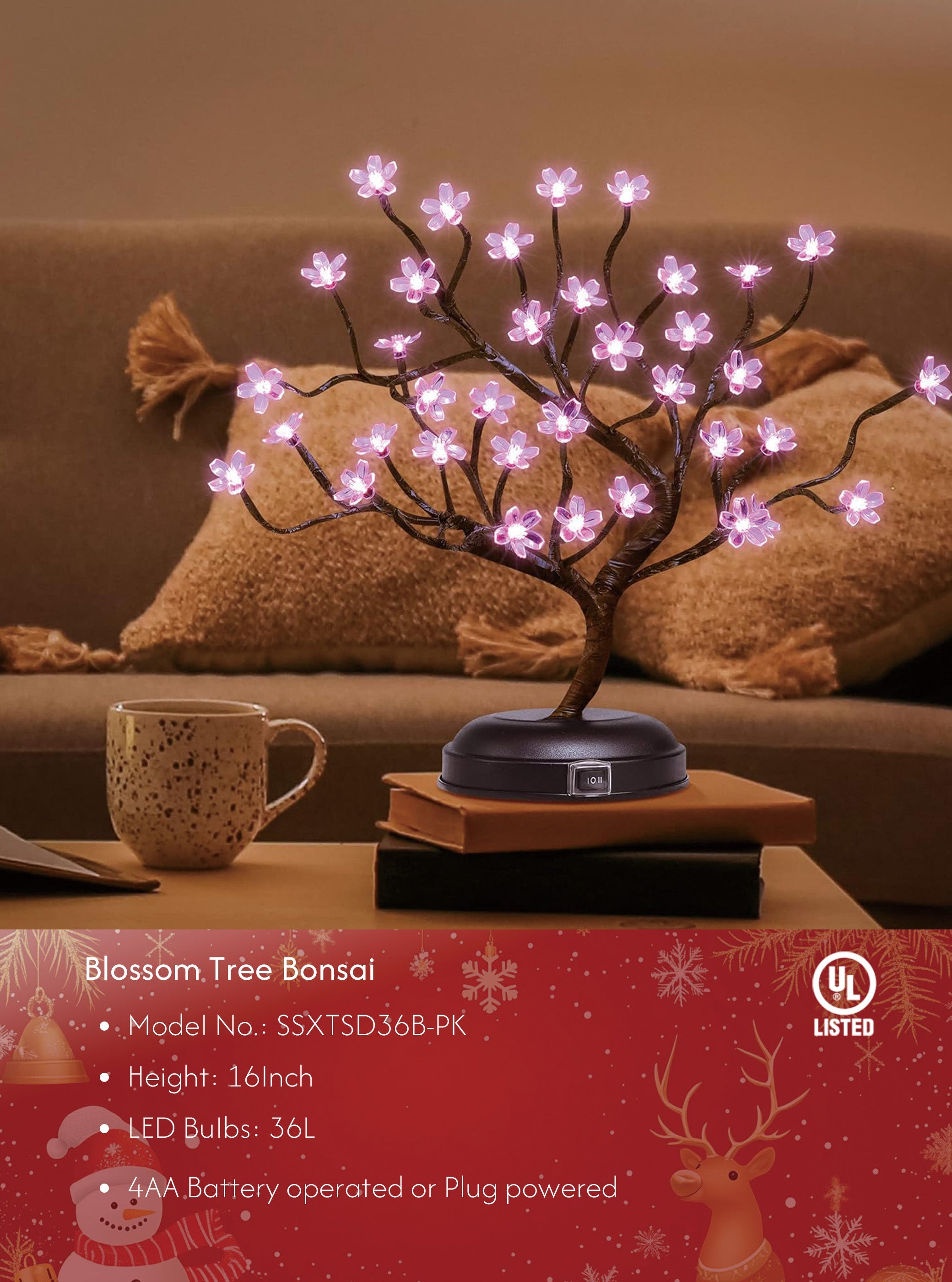 16IN Cherry Blossom Tree Lamp with 36 Pink LEDs, Elegant Home
