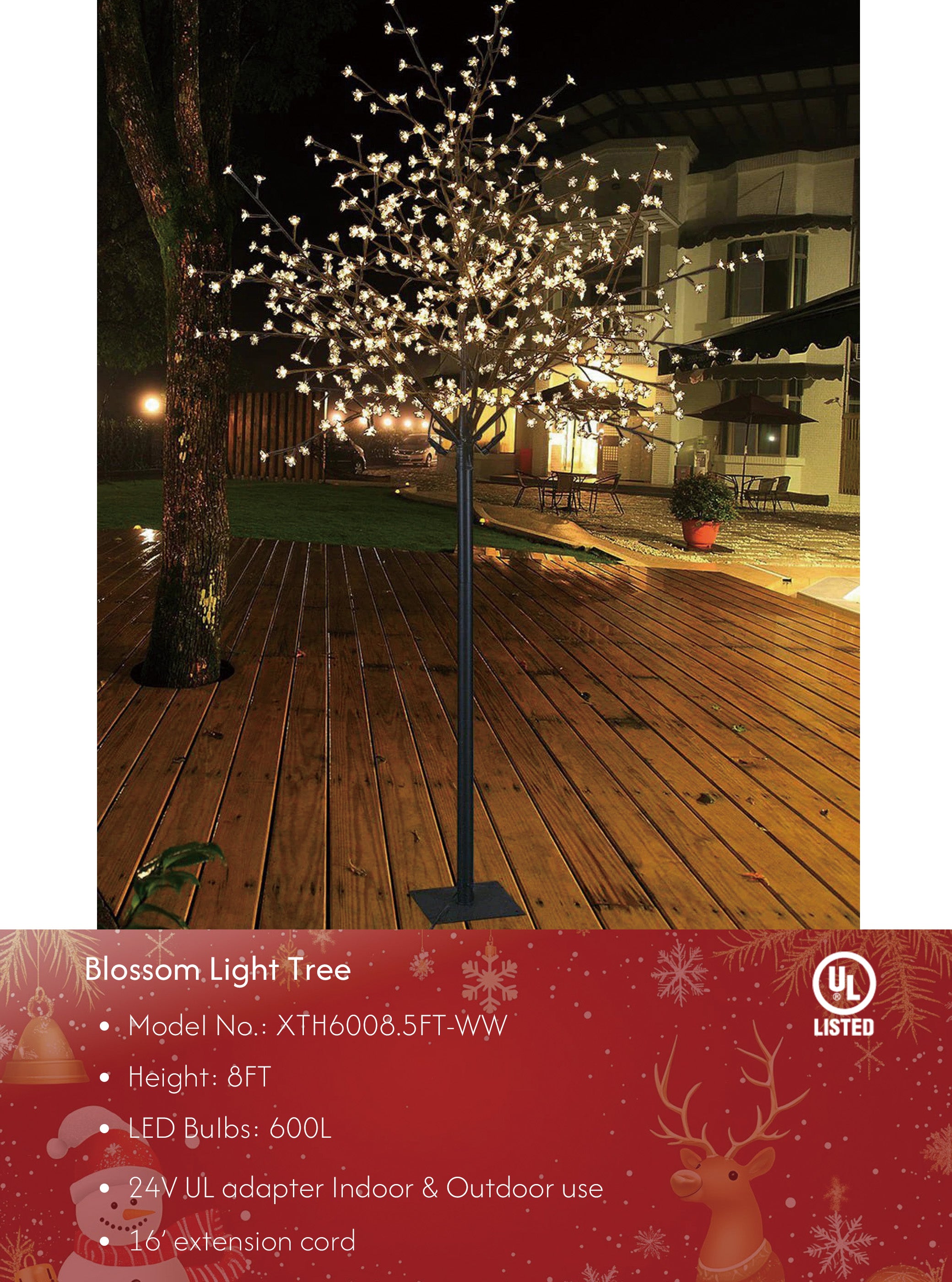 8FT Lighted Cherry Blossom Tree with 600 Warm White LEDs, Indoor