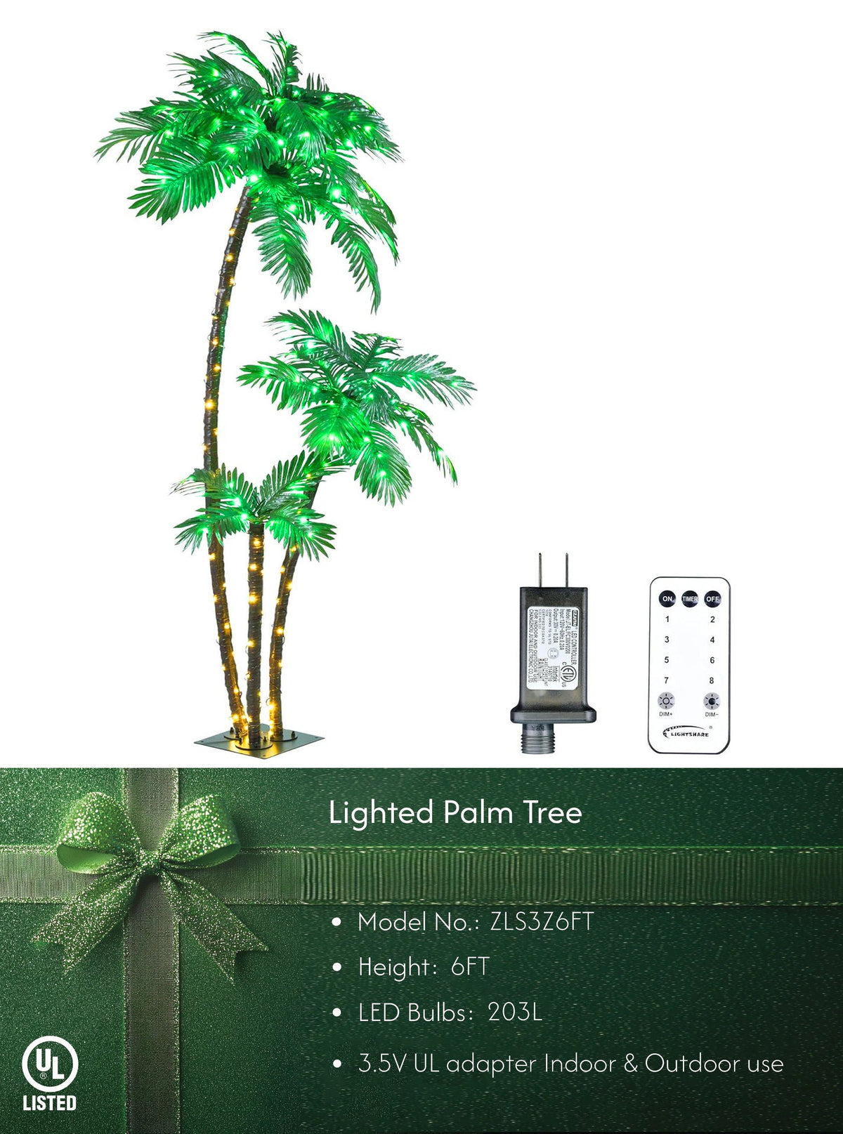 Lighted 6FT Gorgeous Palm Tree 3-Trunk Artificial Palm Tree 203LED Lights for Decoration Outdoor and Indoors Tiki Bar Christmas Patio Pool image 1
