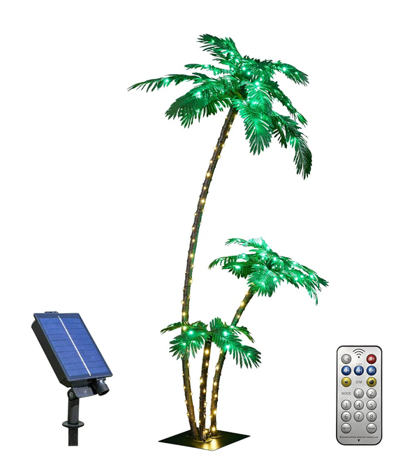 LIGHTSHARE Lighted 7FT Gorgeous Palm Tree 3Trunks Artificial Palm Tree 218LED Lights for Office Decoration Outdoor and Indoors Tiki Bar Christmas Patio Pool-Solar