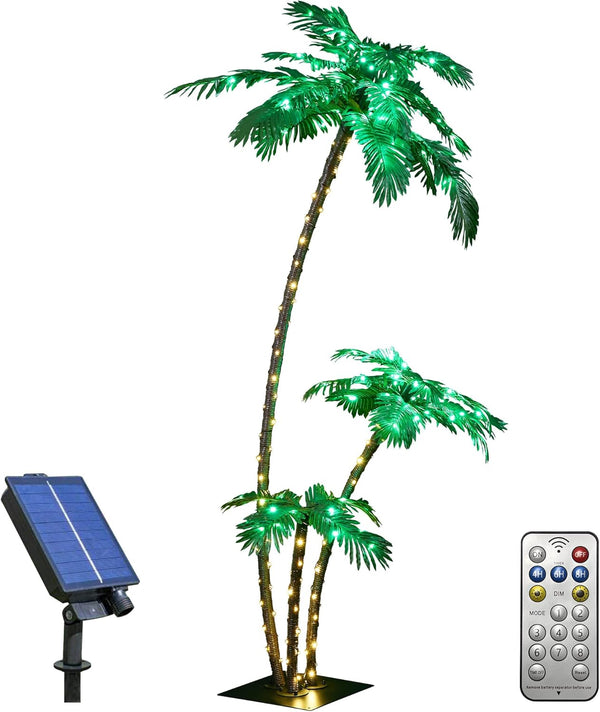 LIGHTSHARE Lighted 7FT Gorgeous Palm Tree 3Trunks Artificial Palm Tree 218LED Lights for Office Decoration Outdoor and Indoors Tiki Bar Christmas Patio Pool-Solar