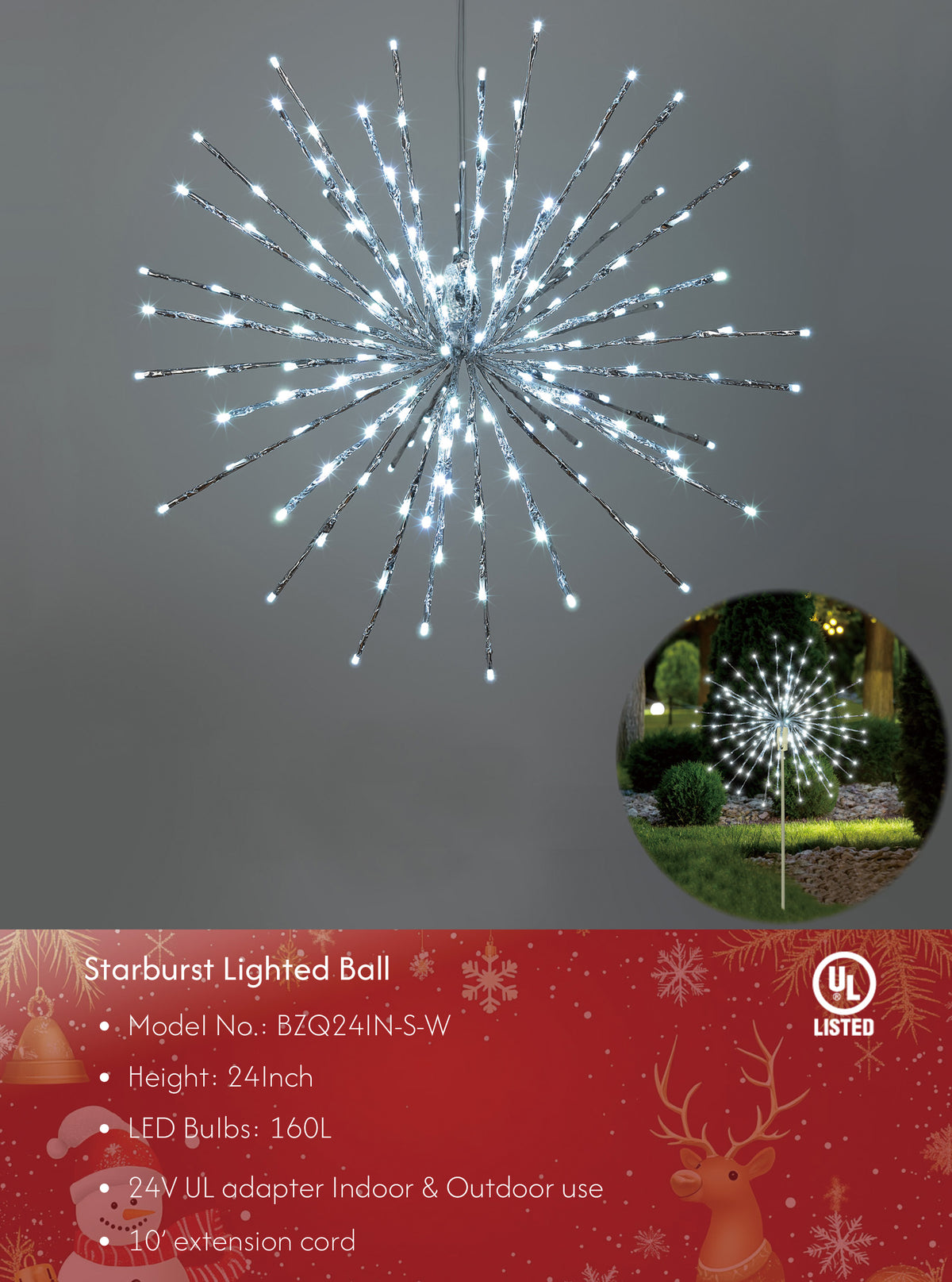 Starburst Light Lighted Ball LED Firework Lights White Twinkle Hanging Ball Dual-use for Patio Walkway Pathway Decoration Indoor/Outdoor