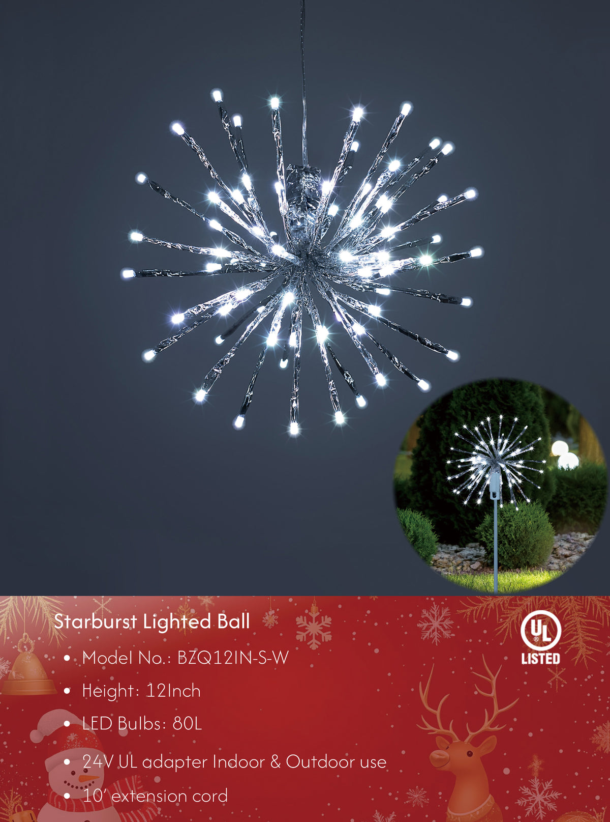 Starburst Light Lighted Ball LED Firework Lights White Twinkle Hanging Ball Dual-use for Patio Walkway Pathway Decoration Indoor/Outdoor