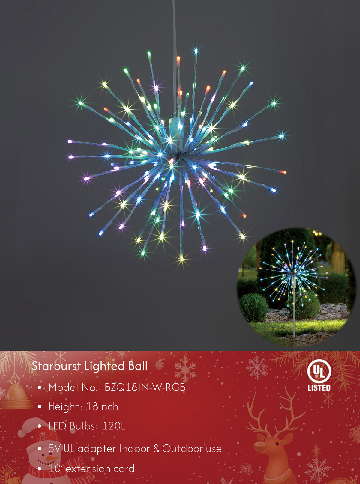 Starburst Light Lighted Ball LED Firework Lights White Twinkle Hanging Ball Dual-use for Patio Walkway Pathway Decoration Indoor/Outdoor