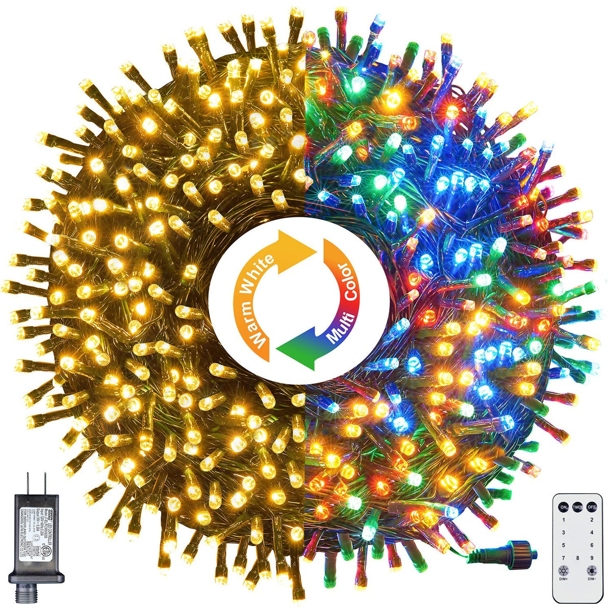 300-LED Christmas String Lights, Green Cord, Multi-color + Warm White, 9 Modes with Timer Remote, Indoor/Outdoor image 1