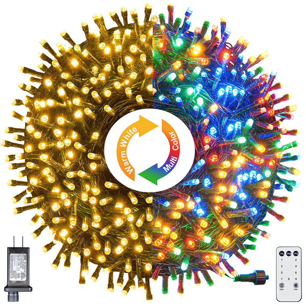 300-LED Christmas String Lights, Green Cord, Multi-color + Warm White, 9 Modes with Timer Remote, Indoor/Outdoor