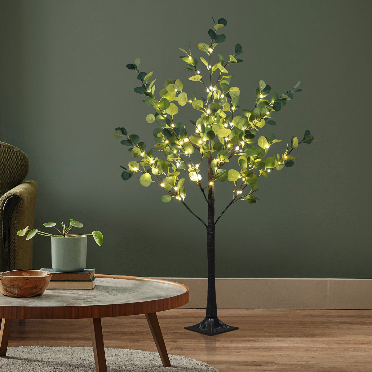 4FT Lighted Eucalyptus Tree, Warm White LEDs with Green Leaves image 1
