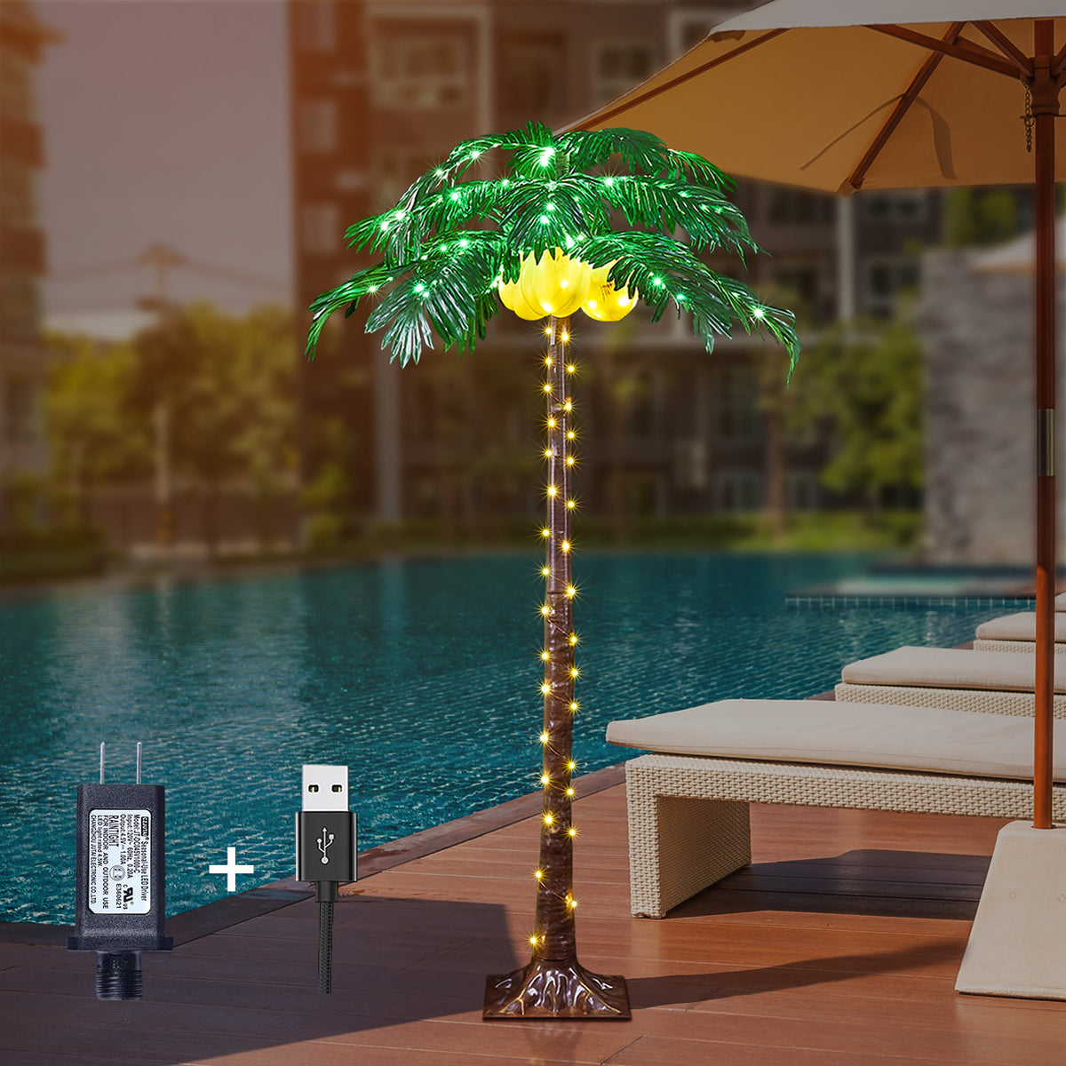 5FT Lighted Palm Tree with 208 Warm White LEDs & 3 LED Coconuts, Indoor/Outdoor Tropical Decoration image 1