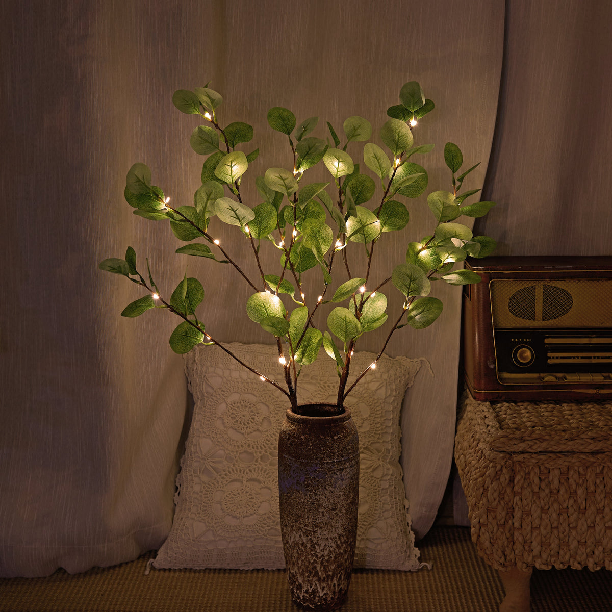 30IN Lighted Eucalyptus Twigs, Light Green